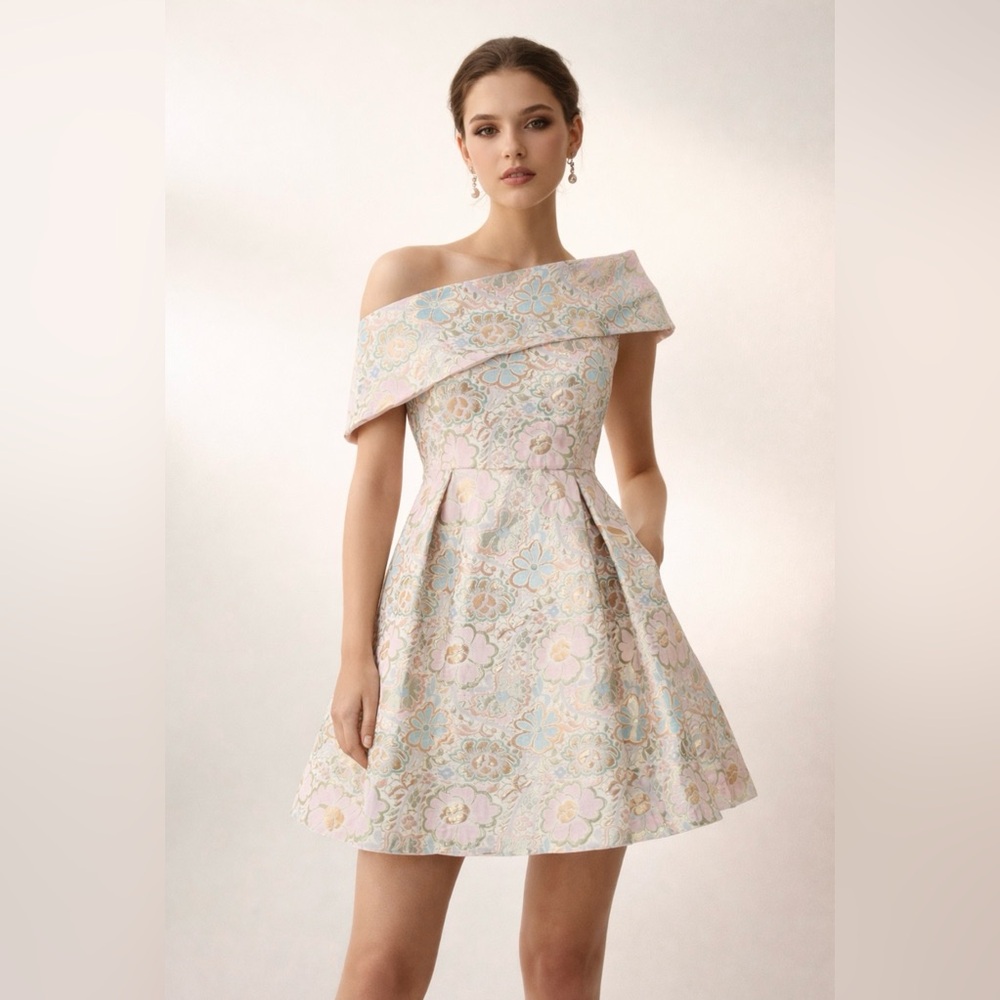 NWT Topshop Women’s Pastel & Gold Toned One Shoulder Dress SZ 6🌸✨